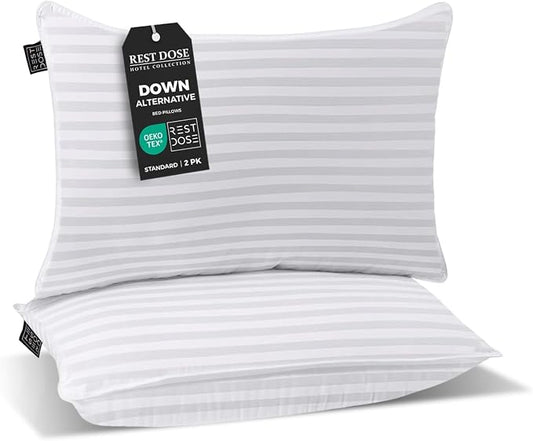 Bed Pillows for Sleeping, Set of 2 – Cooling, Hotel Quality with Soft Down Alternative Fill for Back, Stomach & Side Sleepers | White Striped Queen