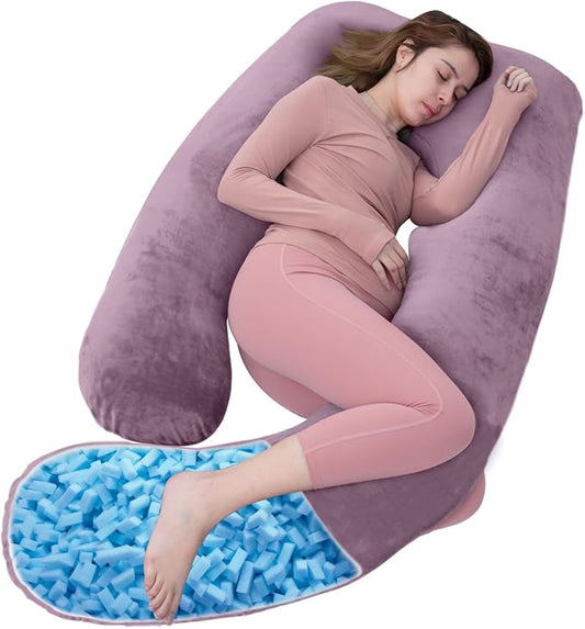 Shredded Memory Foam Body Pillow, Pregnancy Pillows for Sleeping, Maternity Pillow for Pregnant Women, Memory Foam Filling U Shaped Body Pillow with Velvet Cover (Dark Purple, 60 inch)