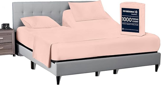 SGI bedding 28" Cal King Split Top Flex Head Sheet 100% Egyptian Cotton Sheet Set 1000 Thread Count Flex Top Sheet for Adjustable Bed 4Pc Sheet Set 15" Deep Pocket for Sleep Number Bed - Peach