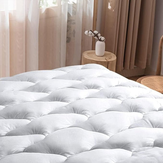 WhatsBedding Waterproof Mattress Pad King Cotton Top Down Alternative Filling Pillowtop Mattress Topper Cover-Fitted Quilted (Waterproof King Size Mattress Pad)