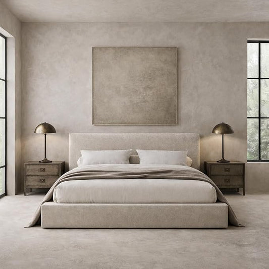 Square Bed – Washable Cover - Soft Upholstered Linen - Minimalist Modern - Sold Separately (Gray Linen, King Headboard)