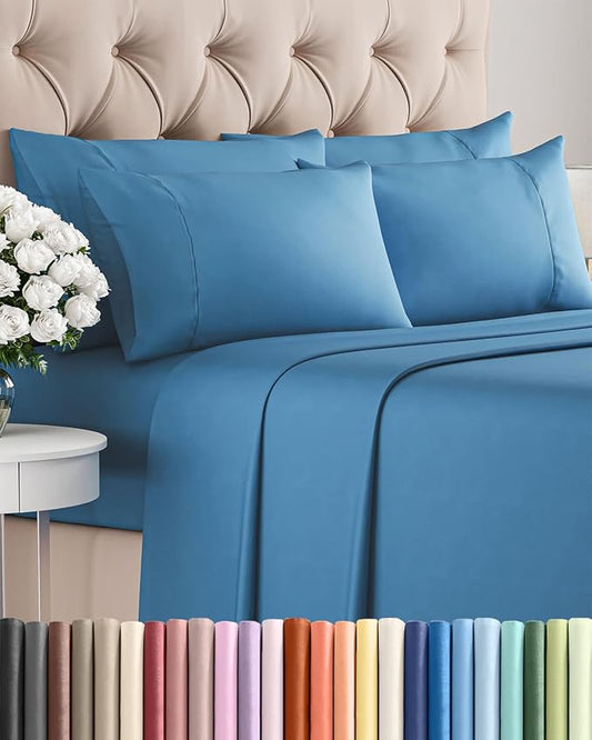 Queen 6 Piece Sheet Set - Comfy Breathable & Cooling - Hotel Luxury Bedding for Women, Men, Kids, Teens & Children - 1 Flat & 1 Fitted Sheet & 4 Pillowcases w/ Deep Pockets - Wrinkle Free - Denim Blue