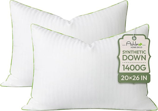 Ashler Home Deco Synthetic Down Pillow Inserts, 20x26 Down Alternative Throw Pillows Insert Sleeping Pillows with 100% Cotton Cover Decorative Pillow Stuffer for Sofa, Couch Bed(Set of 2, White)