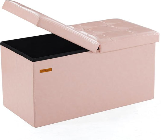 HAUSFRAU - 30 Inches Storage Ottoman Bench with Flipping Lid, Foldable Storage Chest Foot Rest for Living Room, Bedroom, Entryway, Load 660 lb, Synthetic Leather, Pale Pink