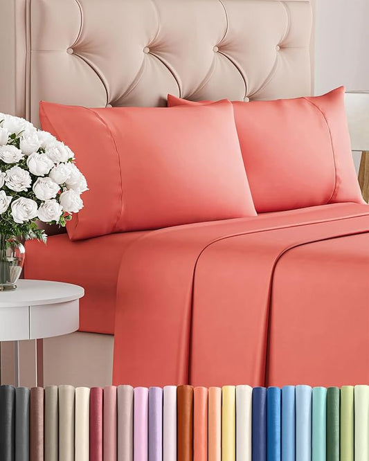 Twin 4 Piece Sheet Set - Comfy, Breathable & Cooling - Soft Hotel Luxury Bedding for Women, Men, Kids, Teens & Children - 1 Flat & 1 Fitted Sheet & 2 Pillowcases w/ Deep Pockets - Wrinkle Free - Coral