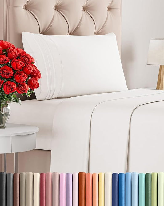 Twin Size 3 Piece Sheet Set - Comfy Breathable & Cooling Sheets - Hotel Luxury Bed Sheets for Women & Men - Deep Pocket, Easy-Fit, Extra Soft & Wrinkle Free Sheets - Antique White Oeko-Tex Bed Sheets