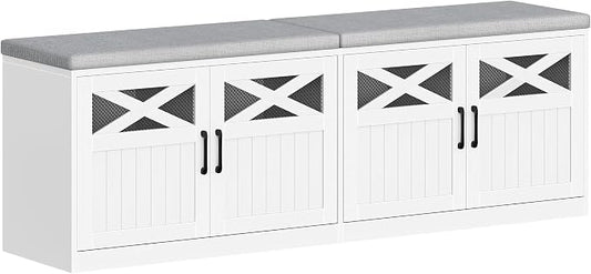 Hzuaneri 2 Tier Shoe Storage Bench with Doors, 59" Farmhouse Shoe Bench with Padded Cushion, 12-16 Pairs of Bed End Bench, Entryway Bench with Storage for Bedroom, Living Room, White SB61503X