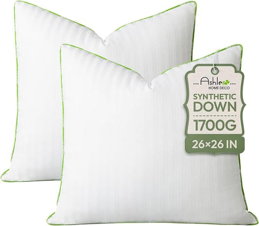 Ashler Home Deco Synthetic Down Pillow Inserts, 26x26 Down Alternative Throw Pillows Insert Sleeping Pillows with 100% Cotton Cover Decorative Pillow Stuffer for Sofa, Couch Bed(Set of 2, White)
