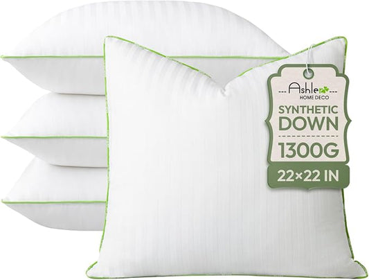 Ashler Home Deco Synthetic Down Pillow Inserts, 22x22 Down Alternative Throw Pillows Insert Sleeping Pillows with 100% Cotton Cover Decorative Pillow Stuffer for Sofa, Couch Bed(Set of 4, White)