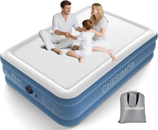 CHERIMOR Queen Air Mattress with Built-in Rechargeable Pump, 1500 lbs Heavy-Duty Support, 16" Raised Upgraded Firmness Blow Up Mattress, Fast 3-Min Inflation, Inflatable Bed for Home, Guests & Camping