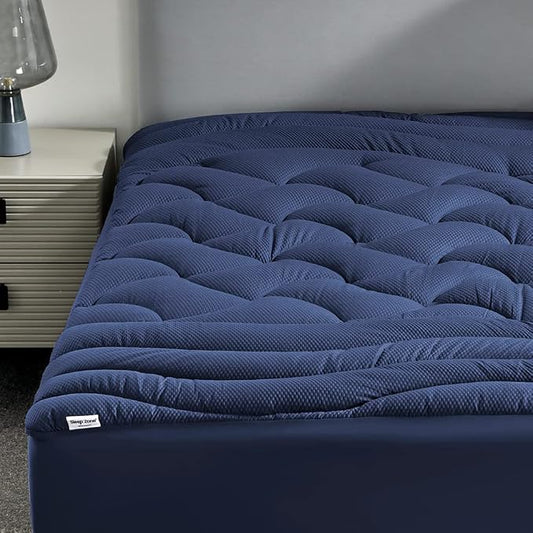 SLEEP ZONE Cooling Queen Mattress Topper, Premium Zoned Cool Mattress Pad Cover, Padded Mattress Protector Breathable Washable, Deep Pocket 8-21" (Navy, Queen)