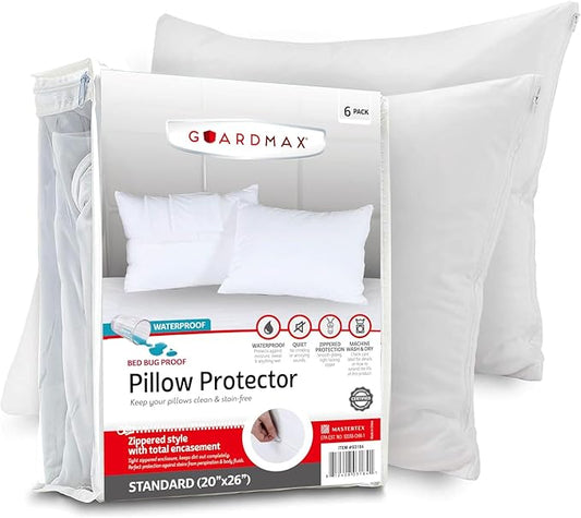 Guardmax Waterproof Pillow Protectors - Zippered Pillow Case Covers - Highly Soft & Noiseless Fabric - Protects Pillows from Dirt, Dust & Dander (Standard 20x26)