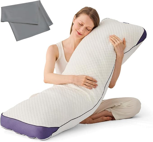 HOMELAB Adjustable Shredded Memory Foam Body Pillow Bundle with Gray Mulberry Silk Pillowcase, Cooling Long Pillow Full Support for Side Sleepers, Back, Hip & Leg Comfort, 1 Pack 20"x52"