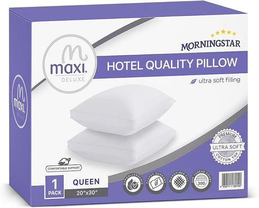 Maxi Deluxe Queen Size Bed Pillow – Ultra Soft & Comfortable – Versatile for Side, Back & Stomach Sleepers – 300TC Cotton Top – Single Pack – (Queen Size Pillow is 20 x 30)