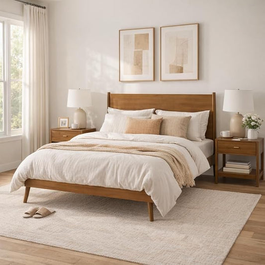 Merax Queen Size Solid Wood Platform Bed, Mid-Century Modern Bed Frame with Splayed Legs, 600 lbs Weight Capacity, No Box Spring Needed, Natural