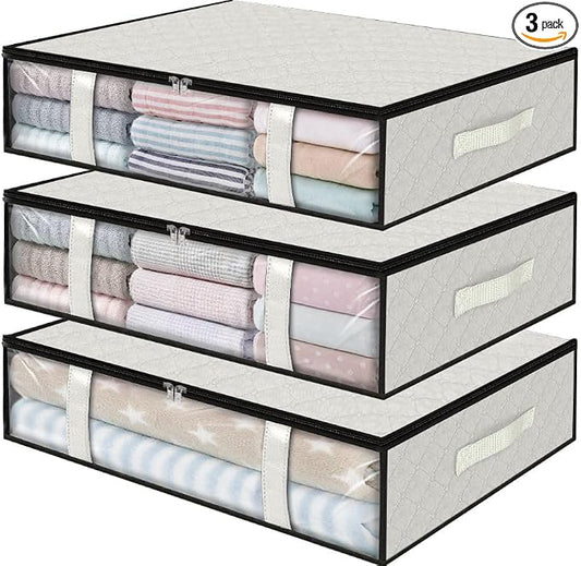 StorageRight Under Bed Storage Bags 3 Pack, 40L Large Clothes & Comforter Storage Containers with Clear Window, Breathable Fabric Organizer for Blankets, Bedding, Seasonal Clothing, White