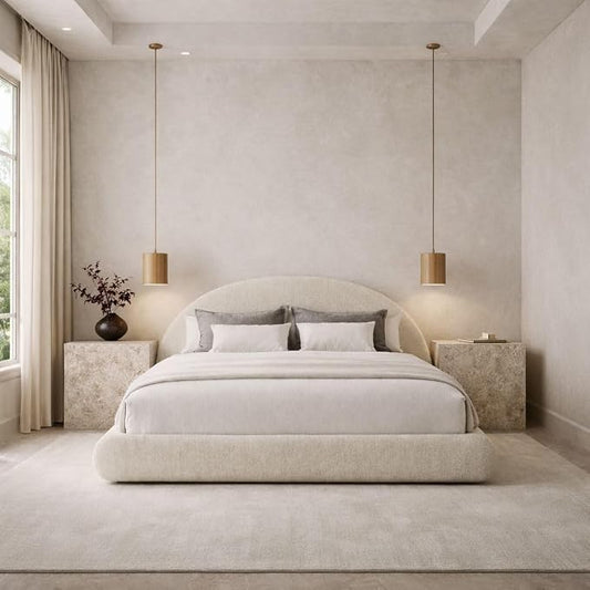 Round Bed – Washable Zip Cover - Upholstered Linen Soft Foam - Modular Minimalist Modern - Half Circle Moon - Sold Sold Separately (Cream Linen, King Headboard)