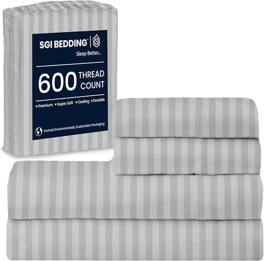 SGI bedding RV Short Queen Sheet Set 60x75, 600 TC Egyptian Cotton, 4 Piece Luxury Hotel Collection, Ultra Soft & Breathable, Fits RV Mattress Camper & Trailer, 15 Inch Pocket, Light Grey Stripe
