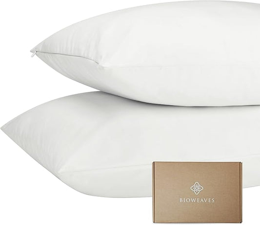 Bioweaves Organic Cotton Jersey Knit Waterproof Pillow Protector Covers with Zipper Closure – GOTS Certified Soft & Quite Pillow Encasement – Queen Size, 20 x 30 inches, Set of 2