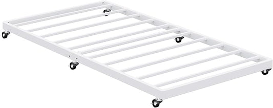 Lutown-Teen Twin Trundle Bed Frame with Metal Slats, Roll-Out Design, Easy Assembly Steel Frame with Lockable Wheels, Noiseless Pull Out Bed for Bedroom, Living Room or Guest Room, White