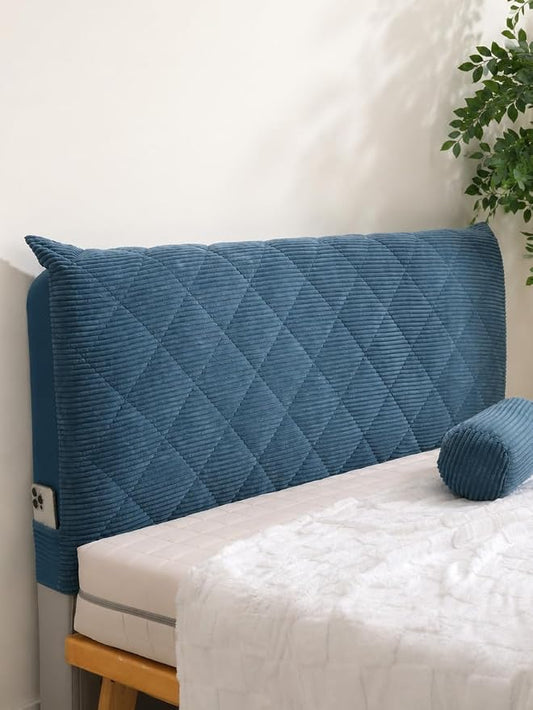 Corduroy Headboard Cover—Stretch-Quilted, Padded Dust-Proof Protective Cover (Fits Twin/Twin XL Beds), Machine-Washable Decorative Headboard Cover (Blue, 47x27.5 inches)