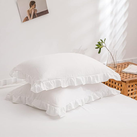Merryword White Pillowcases, Cute Pillowcases, Offwhite Standard Pillowshams Set of 2, Solid Ruffled Fringe Pillowcases, White Shabby Chic Pillowcases 2 Pack (Queen (20''x30''),White)