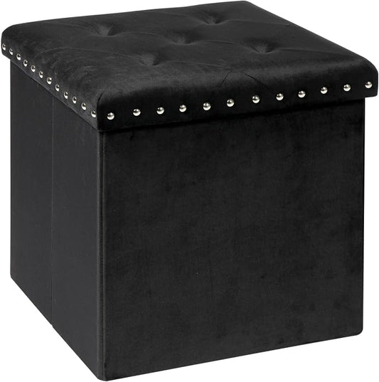 PINPLUS Black Folding Storage Ottoman Cube, Small Velvet Tuffed Foot Rest Stool with Rivet Design, Padded Seat for Living Room, Shoes Box Chest for Bedroom Vanity Area, 15.7inches