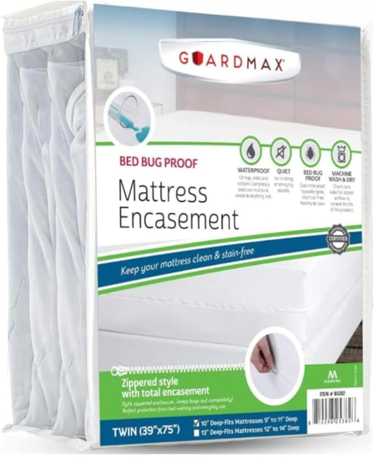 Guardmax Twin Mattress Encasement with Zipper, Waterproof, Bed Bug Proof, and Dust Mite Proof Mattress Protector for Twin Size Bed up to 10" Deep, Zippered All Around Jersey Knitted Mattress Cover