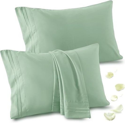Vonty 2 Pack Queen Pillow Cases - 20x30 Inch, 1800 Thread Count Microfiber Pillowcases Queen Size Sage Green Pillow Cases Luxury & Soft Embroidered Bed Pillow Covers with Envelope Closure