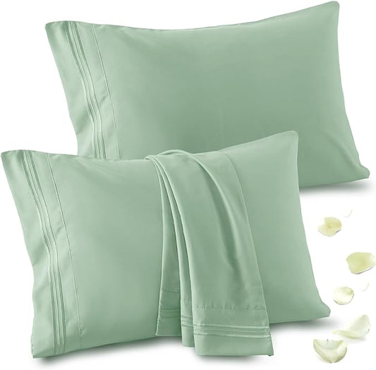 Vonty 2 Pack Standard Pillow Cases - 20x26 Inch, 1800 Thread Count Microfiber Pillowcases Standard Size Sage Green Pillow Cases Luxury & Soft Embroidered Bed Pillow Covers with Envelope Closure