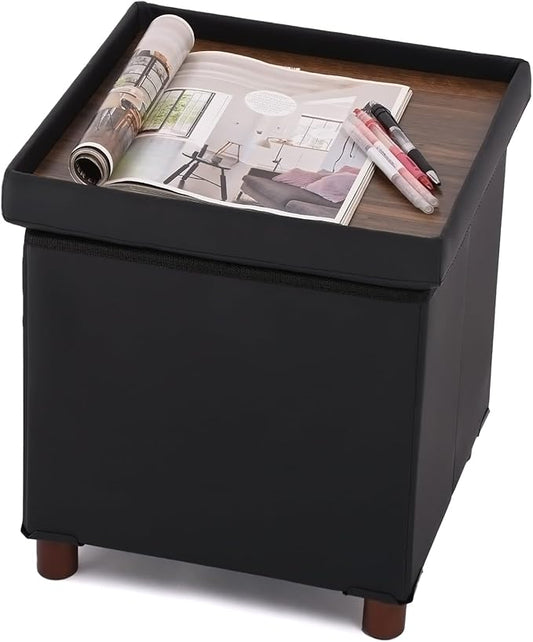 Dorriss Storage Ottoman for Living Room，Square Ottoman with Tray Bedroom Cube Foot Rest Stool with Legs Ottomans Coffee Table Lid Foldable Footstool Faxu Leather 15" Inch(Black)