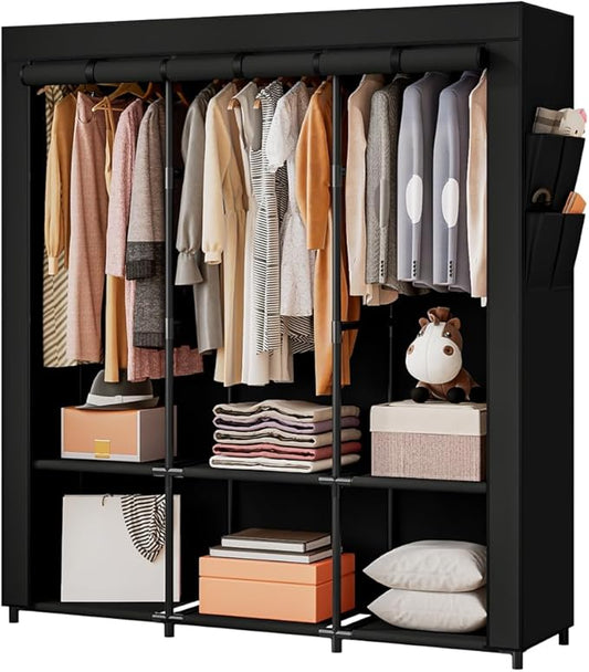 SORCEDAS Portable Closet Wardrobe Storage Organizer Metal Hanging Rack Non-Woven Fabric 50 Inch (Black)