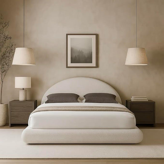 Round Bed – Washable Zip Cover - Upholstered Linen Soft Foam - Modular Minimalist Modern - Half Circle Moon - Sold Sold Separately (Cream Boucle, Twin Base)