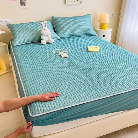 FCLDESHOP Snug Fit Fitted Sheet,Solid Color Latex Sheet Mat Fitted Sheets, Summer Ice Box Spring Mattress Cover Bedding Sheets Pillowcase,Green,180cmx200cm (1pcs)