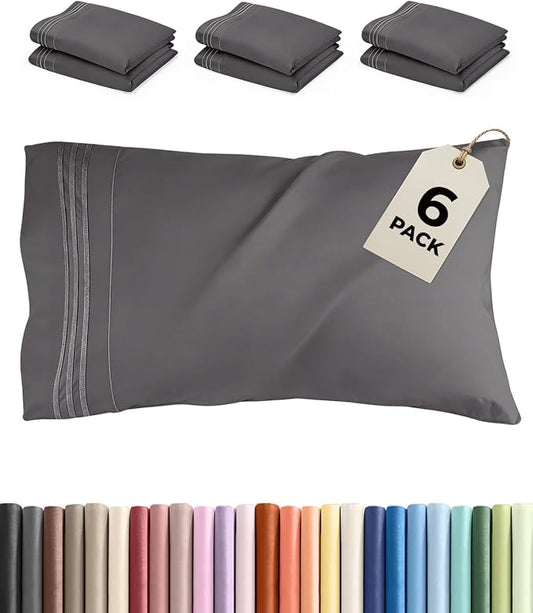 Standard Pillow Cases Set of 6 - Ultra Soft Hotel Quality Pillowcase Covers - Comfy, Cozy & Wrinkle Free - Shrink, Stain & Fade Resistant - Machine Washable Pillow Protectors - 6 Piece Set - Dark Grey