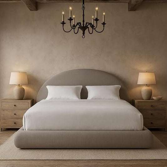 Round Bed – Washable Zip Cover - Upholstered Linen Soft Foam - Modular Minimalist Modern - Half Circle Moon - Sold Sold Separately (Gray Linen Premium, Queen Headboard)