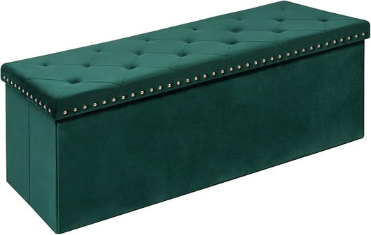 PINPLUS Storage Ottoman Bench for Bedroom, Green Ottoman Folding Velvet Chest with Benches Foot Rest Stool, Large Long Foldable Chest for Entryway Living Room, 43.3"x15.7"x15.7"