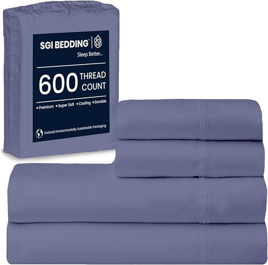 SGI bedding 100% Egyptian Cotton Sheets Full Size – 600 Thread Count Sheets Set, Soft, Cooling, 15" Deep Pocket, Luxury Hotel Bedding, Breathable, Durable - Mediterranean Blue