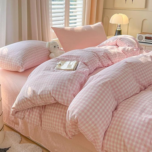 Nayoroom Gingham Duvet Cover Oversized King Pink White Plaid Checkered Comforter Cover 3 Pcs Soft Breathable Washed Microfiber Grid Farmhouse Bedding Set with Pillow Shams
