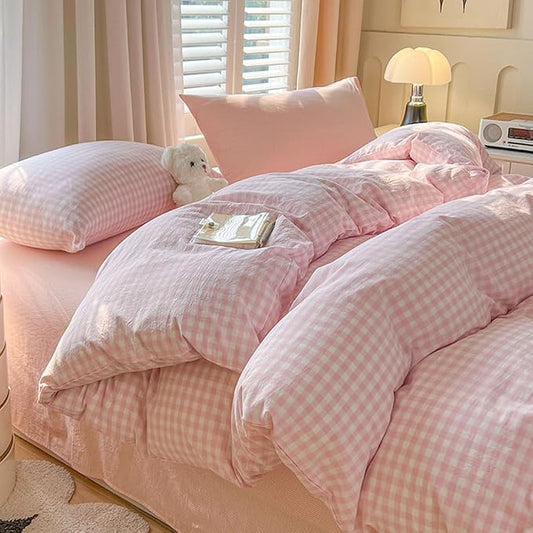 Nayoroom Gingham Duvet Cover Queen Size Pink White Plaid Checkered Comforter Cover 3 Pcs Soft Breathable Washed Microfiber Grid Farmhouse Bedding Set with Pillow Shams