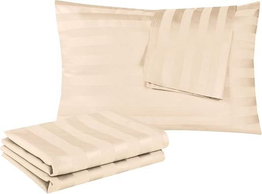 100% Egyptian Cotton Standard Pillow Protectors Set of 4, 400 Thread Count Sateen Weave Cooling Pillowcase, Easy Care Zippered Style Pillow Covers (4 Pack, Stripe-Beige,Standard)