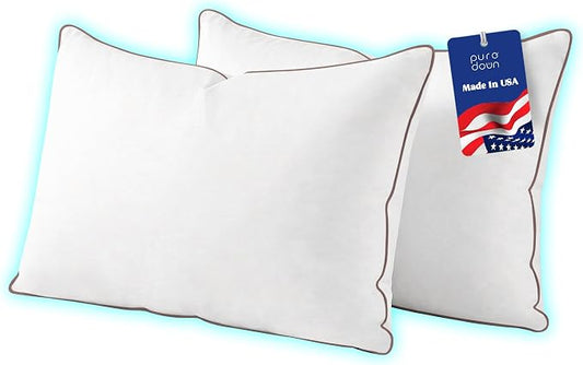 puredown® Made in USA Goose Feather Down Pillows, Queen Size Set of 2, 100% Cotton Cover, Bed Feather Pillows for Sleepering
