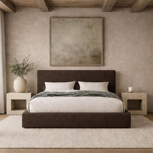 Square Bed – Washable Cover - Soft Upholstered Linen - Minimalist Modern - Sold Separately(Brown Linen, King Base)