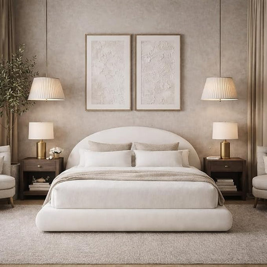 Round Bed – Washable Zip Cover - Upholstered Linen Soft Foam - Modular Minimalist Modern - Half Circle Moon - Sold Sold Separately (Waterproof White Linen, King Base)
