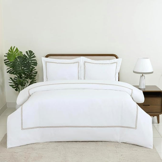 Dreamology White Duvet Cover Luxury Hotel Quality Bedding Set 100% Cotton Embroidered Duvet Covers with 2 Pillow Shams Hypoallergenic Zipper Closure 3 Pieces Duvet Set (Brown, Queen)