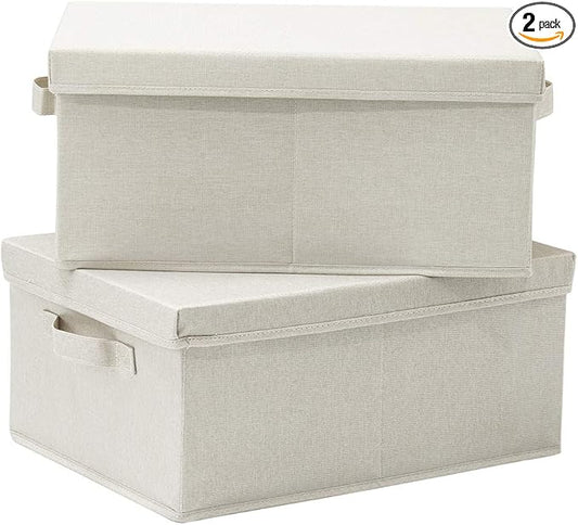 HOONEX Foldable Storage Bins with Lids, 2 Pack, Storage Boxes with Carrying Handles and Sturdy Heavy Cardboard, 16.5" L x 11.8" W x 7.5" H for Shoes, Books, Clothes, Beige