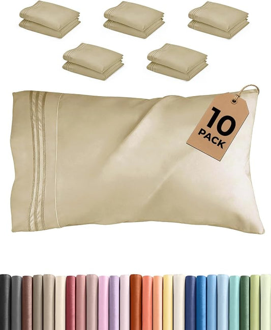 Standard Pillow Cases Set of 10 - Ultra Soft Hotel Quality Pillowcase Covers - Comfy, Cozy & Wrinkle Free - Shrink, Stain and Fade Resistant - Machine Washable Pillow Protectors - 10 Pcs Set - Beige