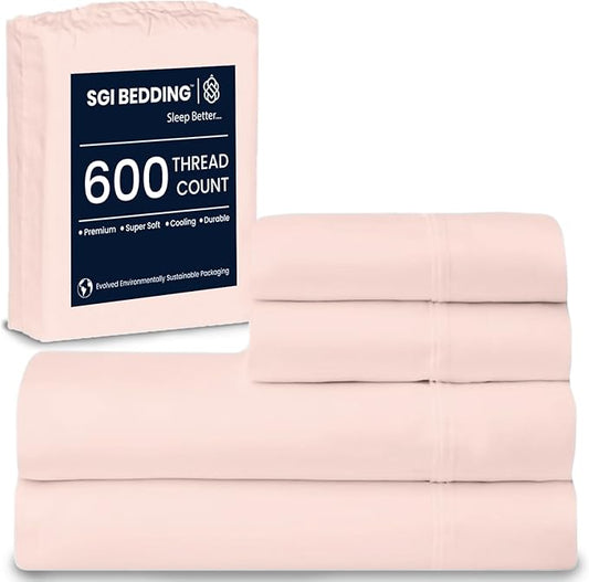 SGI bedding 100% Egyptian Cotton Sheets King Size – 600 Thread Count Sheets Set, Soft, Cooling, 15" Deep Pocket, Luxury Hotel Bedding, Breathable, Durable - Peach