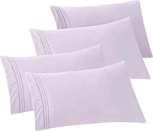 Elegant Comfort 4-PACK Solid Pillowcases 1500 Premium Hotel Quality Microfiber - Smooth Weave, Wrinkle and Stain Resistant, Easy Slip-On, 4-Piece Set, Standard/Queen Pillowcase, Lilac
