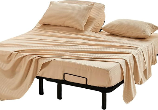 Kingnex Striped 32-34 Split Top King Sheets Sets for Adjustable Bed with Strap Soft Brushed 1800 Microfiber 4 Pieces Flex Head King Bedding Set Beige